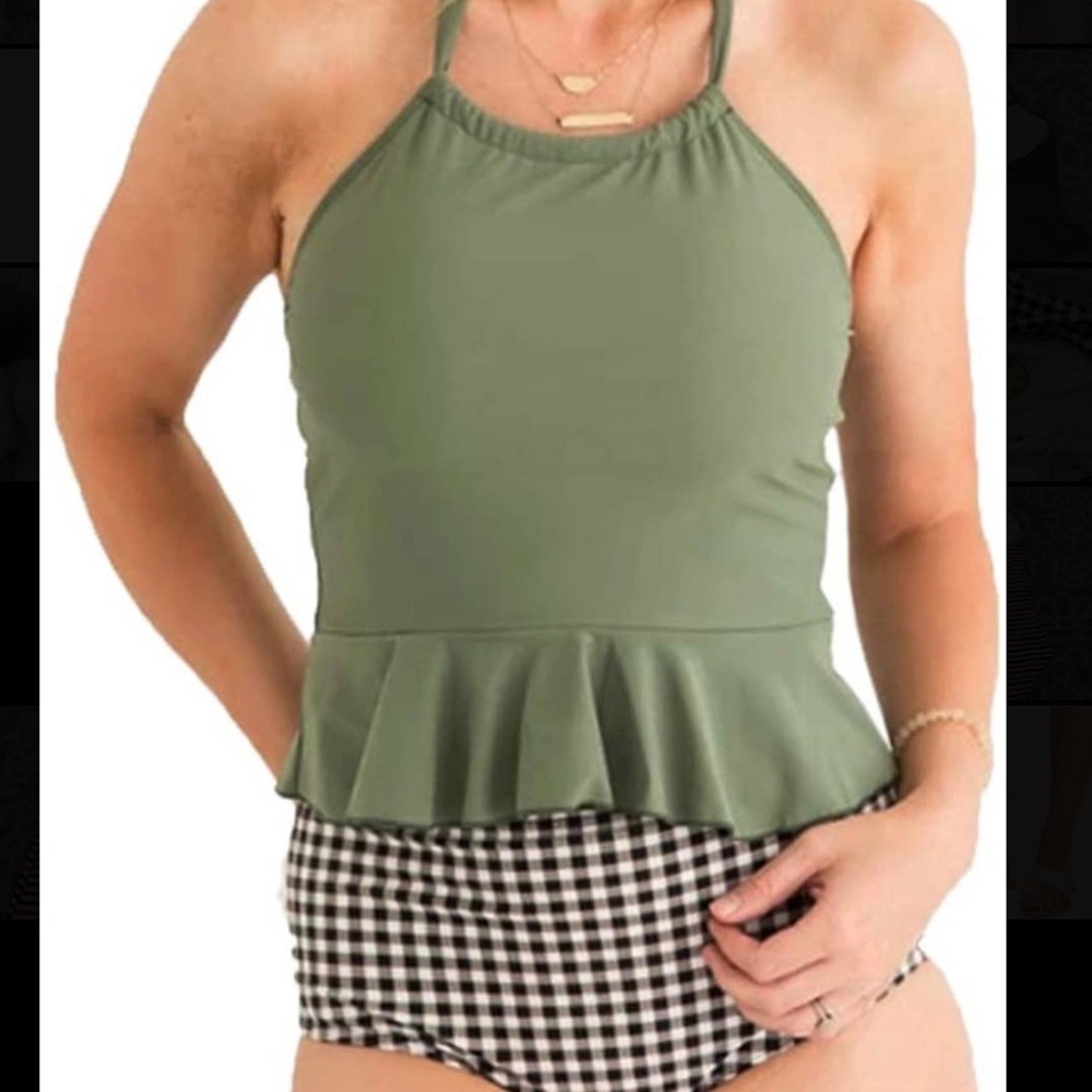 Cute Two Piece High Waisted Green Swim Suit Size M